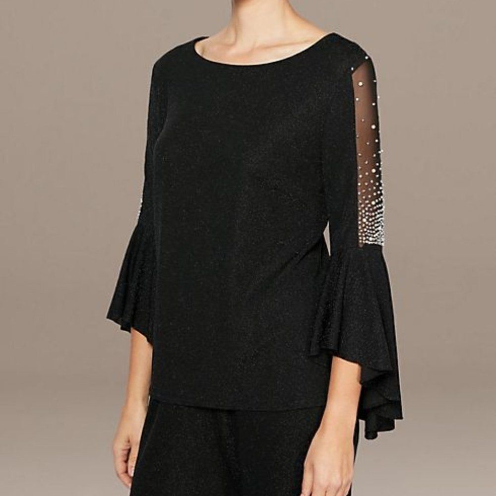 NEW! ALEX EVENINGS | Beaded Illusion Bell Sleeve Blouse - [Petite Large, Black]
